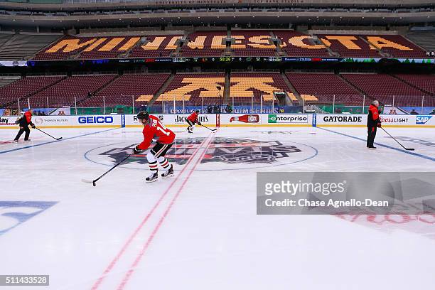 The Chicago Blackhawks skate around the ice during practice day for the 2016 Coors Light Stadium Series game against the Minnesota Wild at TCF Bank...