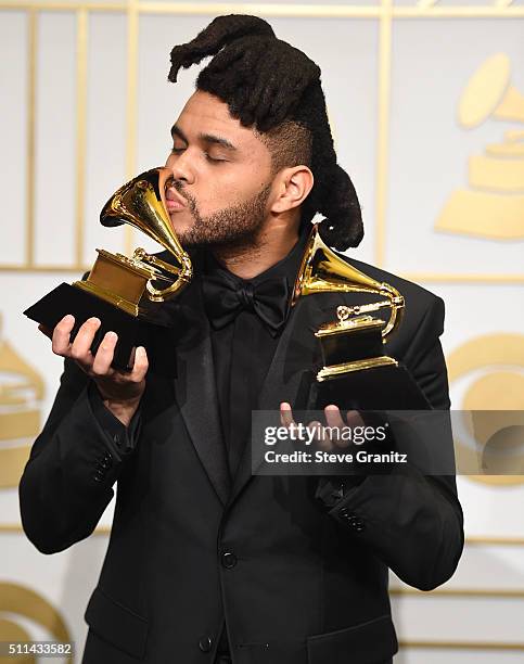 The Weeknd poses at the The 58th GRAMMY Awards at Staples Center on February 15, 2016 in Los Angeles City.