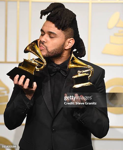 The Weeknd poses at the The 58th GRAMMY Awards at Staples Center on February 15, 2016 in Los Angeles City.