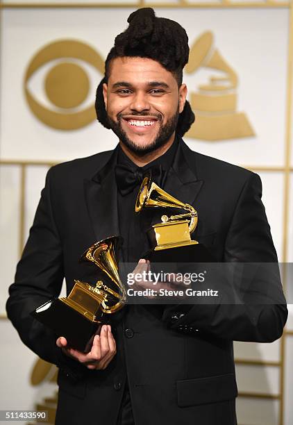 The Weeknd poses at the The 58th GRAMMY Awards at Staples Center on February 15, 2016 in Los Angeles City.