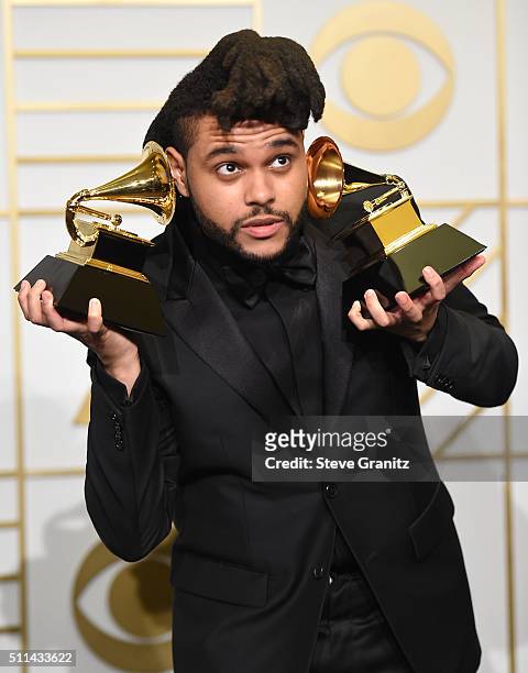 The Weeknd poses at the The 58th GRAMMY Awards at Staples Center on February 15, 2016 in Los Angeles City.