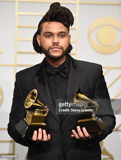 The Weeknd poses at the The 58th GRAMMY Awards at Staples Center on February 15, 2016 in Los Angeles City.