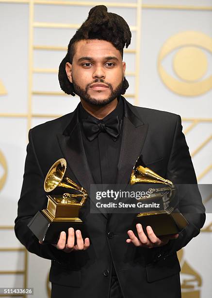 The Weeknd poses at the The 58th GRAMMY Awards at Staples Center on February 15, 2016 in Los Angeles City.