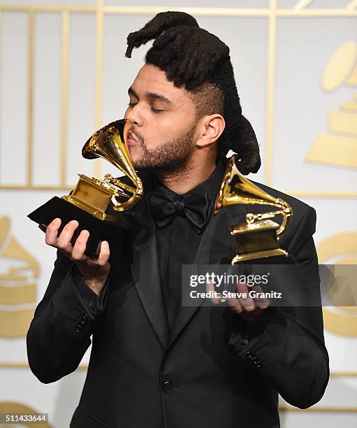 The Weeknd poses at the The 58th GRAMMY Awards at Staples Center on February 15, 2016 in Los Angeles City.