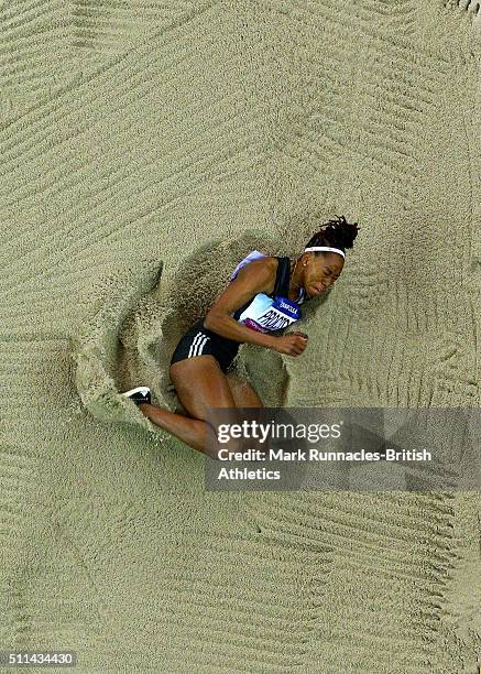 Shara Proctor of Great Britain competes in the Woman's Long Jump during the Glasgow Indoor Grand Prix at the Emirates Arena on February 20, 2016 in...