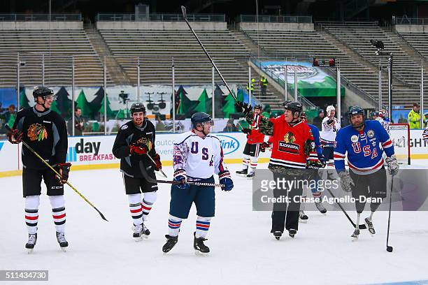 The Chicago Blackhawks and the Wounded Warriors hockey team skate during practice day for the 2016 Coors Light Stadium Series game against the...