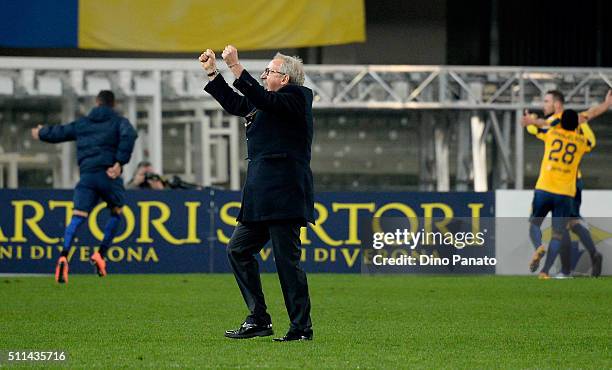 Head coach of Hellas Verona FC Luigi Delneri celebrates after the Ionita's third goal during the Serie A match between Hellas Verona FC and AC Chievo...
