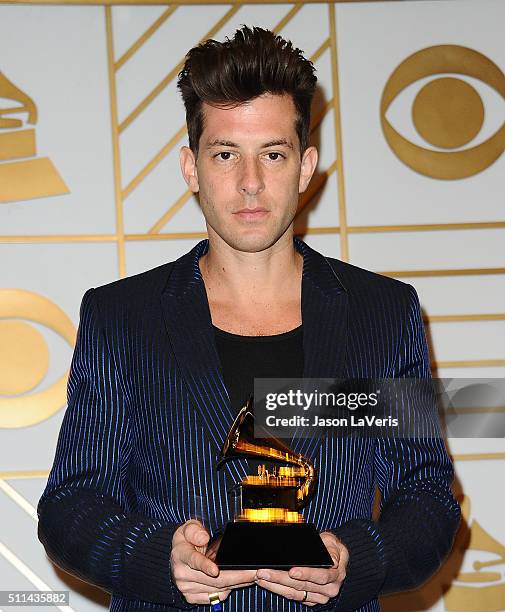 Musician Mark Ronson poses in the press room at the The 58th GRAMMY Awards at Staples Center on February 15, 2016 in Los Angeles, California.