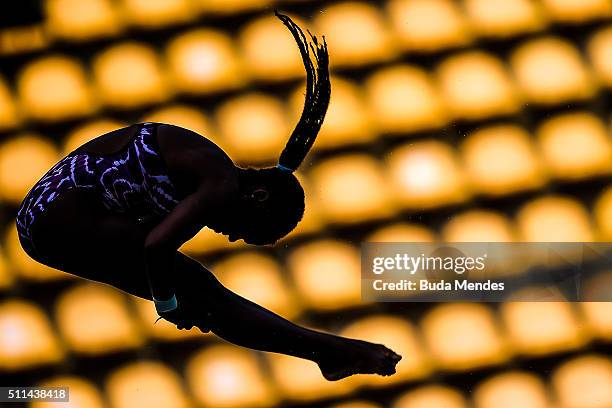 Tuti Garcia Navarro of Cuba competes in the women's 10m springboard as part of the 2016 FINA Diving World Cup at Maria Lenk Aquatics Centre on...