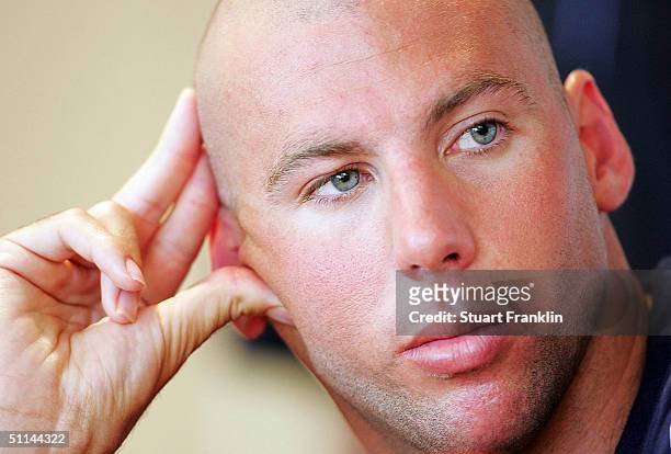 Grant Hackett of Australia attends a press conference at The Marriott Hotel before pre-Olympics swimming training at Bade Zentrum Swim Halle on...