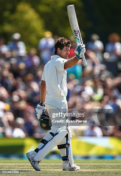 Joe Burns of Australia celebrates after reaching his century during day two of the Test match between New Zealand and Australia at Hagley Oval on...