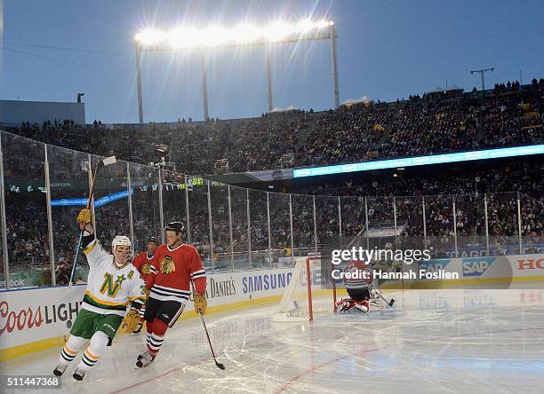 Wes Walz of the Minnesota Wild Alumni celebrates scoring a goal against the Chicago Blackhawks Alumni in third Period during the alumni game at the...