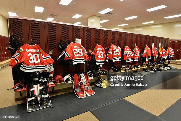 General view of the Chicago Blackhawks locker room set-up is seen during practice day for the 2016 Coors Light Stadium Series game between the...