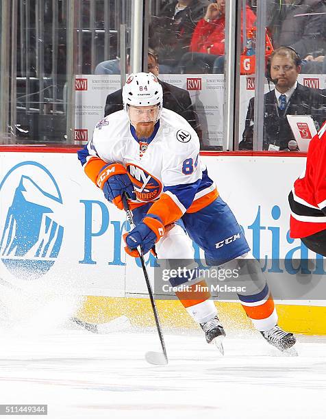 Mikhail Grabovski of the New York Islanders in action against the New Jersey Devils at the Prudential Center on February 19, 2016 in Newark, New...