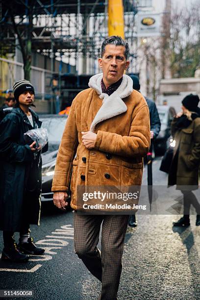 Stefano Tonchi of W Magazine exits the J.W. Anderson show during London Fashion Week Autumn/Winter 2016/17 at Yeomanry House on February 20, 2016 in...