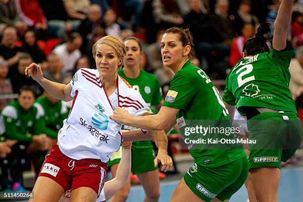 Gro Hammerseng-Edin of Larvik HK fights her way trough the defence during the Women's EHF Champions league game between Larvik HK and FTC-Rail Cargo...