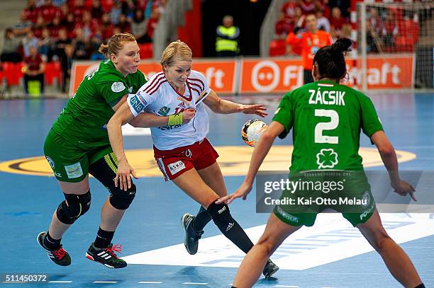 Gro Hammerseng-Edin of Larvik HK fights her way trough the defence during the Women's EHF Champions league game between Larvik HK and FTC-Rail Cargo...