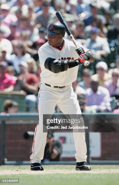 Barry Bonds of the San Francisco Giants stands ready at bat during the game against the San Diego Padres at SBC Park on July 22, 2004 in San...