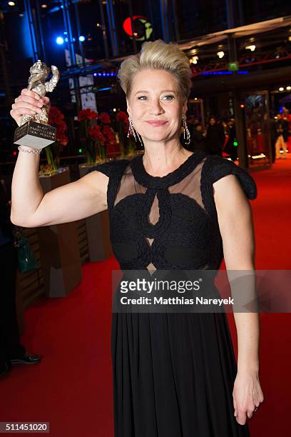 Trine Dyrholm poses on the red carpet after the closing ceremony of the 66th Berlinale International Film Festival on February 20, 2016 in Berlin,...