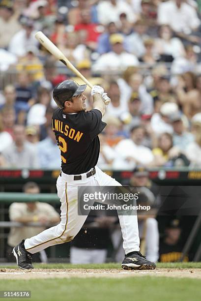 Jack Wilson of the Pittsburgh Pirates bats during the game against the Florida Marlins at PNC Park on July 18, 2004 in Pittsburgh, Pennsylvania. The...