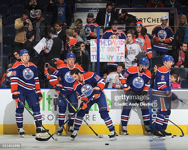 Nikita Nikitin, Connor McDavid, Teddy Purcell, Darnell Nurse and Andrej Sekera of the Edmonton Oilers warm up prior to a game against the Colorado...