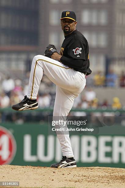 Pitcher Jose Mesa of the Pittsburgh Pirates pitches during the game against the Florida Marlins at PNC Park on July 18, 2004 in Pittsburgh,...