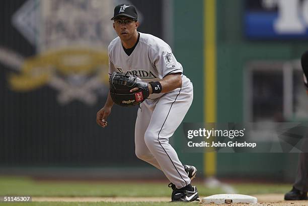 First baseman Damion Easley of the Florida Marlins fields during the game against the Pittsburgh Pirates at PNC Park on July 18, 2004 in Pittsburgh,...