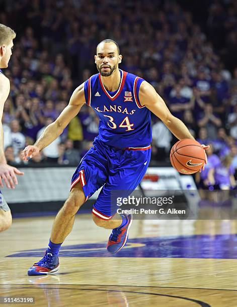 Forward Perry Ellis of the Kansas Jayhawks drives up court against the Kansas State Wildcats during the first half on February 20, 2016 at Bramlage...