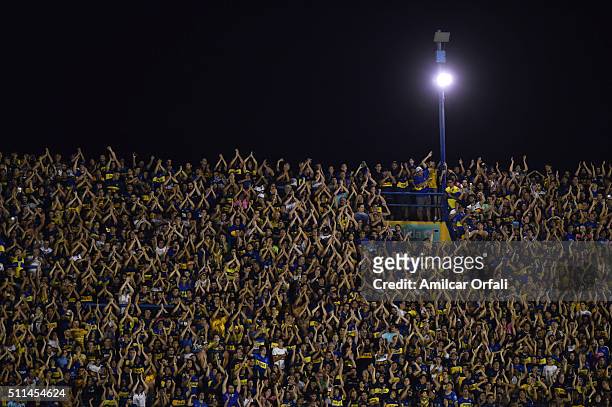 Fans of Boca Juniors cheer for their team during the 4th round match between Boca Juniors and Newell's Old Boys as part of the Torneo Transicion 2016...