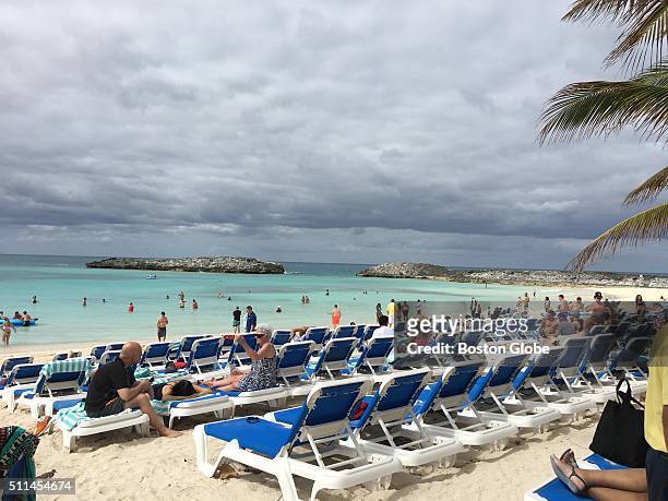The scene on the beach of "Gronk Island," a Norwegian cruise line owned island called Great Stirrup Cay, during New England Patriots tight end Rob...