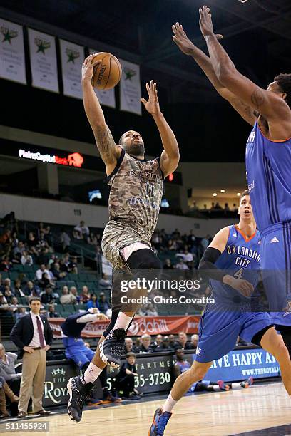 Demetri McCamey of the Austin Spurs shoots the ball against the Oklahoma City Blue at the Cedar Park Center on February 20, 2016 in Cedar Park,...