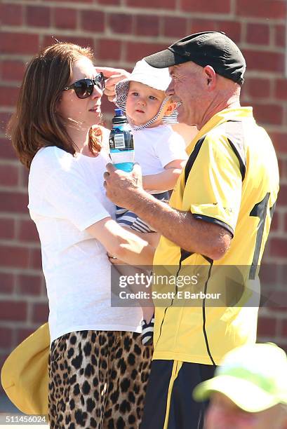 Gary Sweet and his 32 year-old girlfriend Nadia Dyall with their baby son Frederic George during the Medibank Melbourne Celebrity Twenty20 match at...