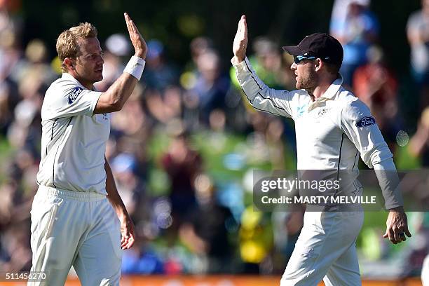 New Zealand's Neil Wagner celebrates Australia's Joe Burns being caught with teammate captain Brendon McCullum during day two of the second cricket...