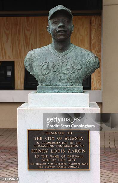 At Turner Field, a statue at honors Hank Aaron and his career with the Braves , on July 26, 2004 in Atlanta, Georgia.