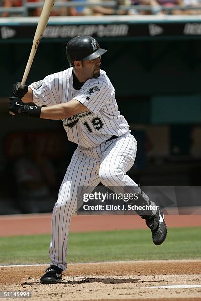 Third baseman Mike Lowell of the Florida Marlins bats during the game against the Philadelphia Phillies on July 29, 2004 at Pro Player Stadium in...