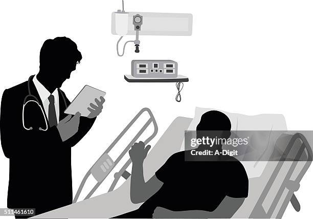 hospital doctor bedside manners - doctor reading stock illustrations