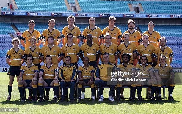 The Wallabies pose for their team photo during the Australian Wallabies Captains Run at Telstra Stadium August 8, 2004 in Sydney, Australia.