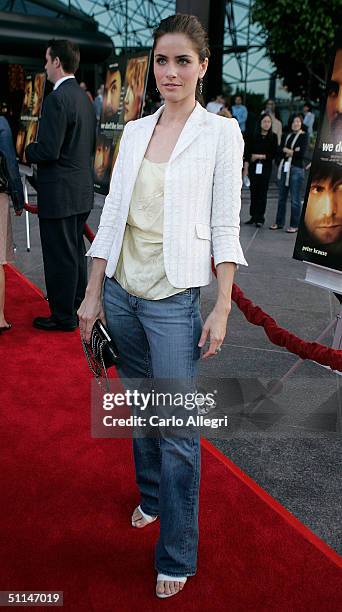 Actress Amanda Peet poses as she arrives at the Premiere of "We Don't Live Here Anymore" at the Director's Guild Theatre on August 5, 2004 in Los...