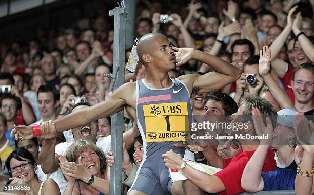 Felix Sanchez of Dominican Republic celebrates winning the 400m hurdles event at the IAAF Golden League meet in Stadion Letzigrund on August 6, 2004...