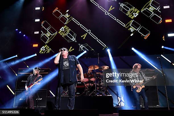 Recording artists Paul Dean, Mike Reno, Matt Frenette, Ken "Spider" Sinnaeve and Doug Johnson of music group Loverboy perform onstage during the...