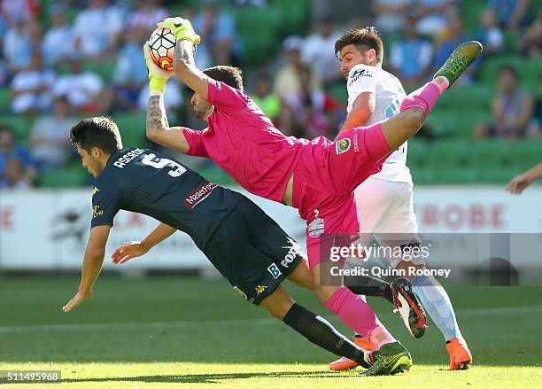 Paul Izzo of the Mariners catches the ball over the top of Ivan Franjic of City during the round 20 A-League match between Melbourne City FC and the...