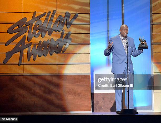 Recording artist Anthony Brown accepts the award for 'Artist of the Year' during the 2016 Stellar Gospel Awards at the Orleans Arena on February 20,...