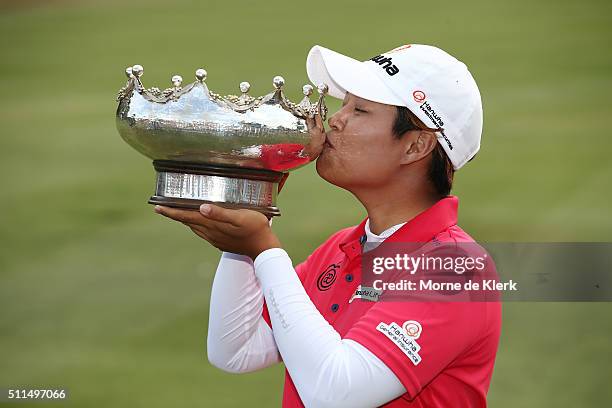 Haru Nomura of Japan holds the trophy after winning the Women's Australian Open during day four of the ISPS Handa Women's Australian Open at The...