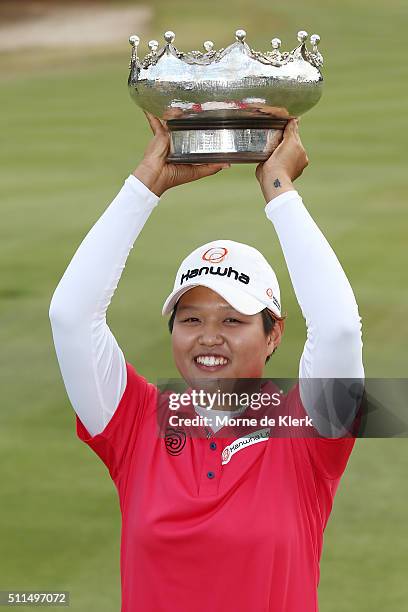 Haru Nomura of Japan holds the trophy after winning the Women's Australian Open during day four of the ISPS Handa Women's Australian Open at The...