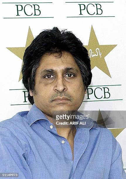 This file picture dated 08 May 2004, shows Pakistan Cricket Board Chief Executive and former national team captain Ramiz Raja during a press...