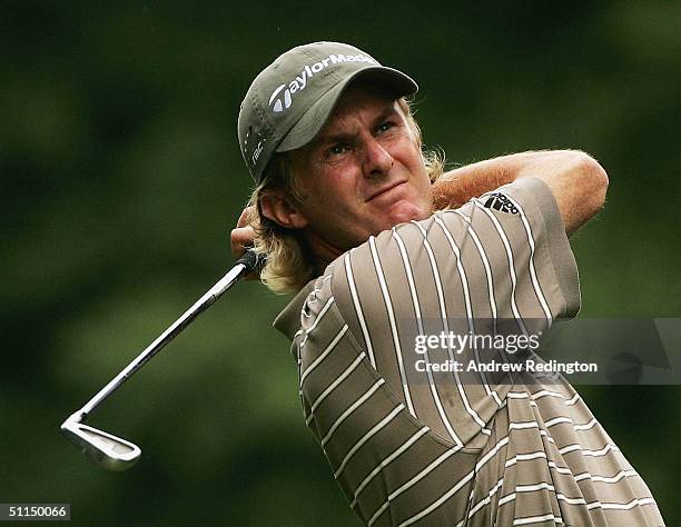 David Lynn of England hits his tee-shot on the second hole during the third round of the KLM Open at Hilversum Golf Club on August 7, 2004 in...