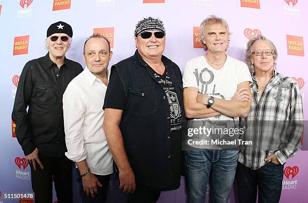 Mike Reno, Paul Dean, Doug Johnson, Matt Frenette, and Ken Sinnaeve of Loverboy arrive at the iHeart80s Party 2016 held at The Forum on February 20,...