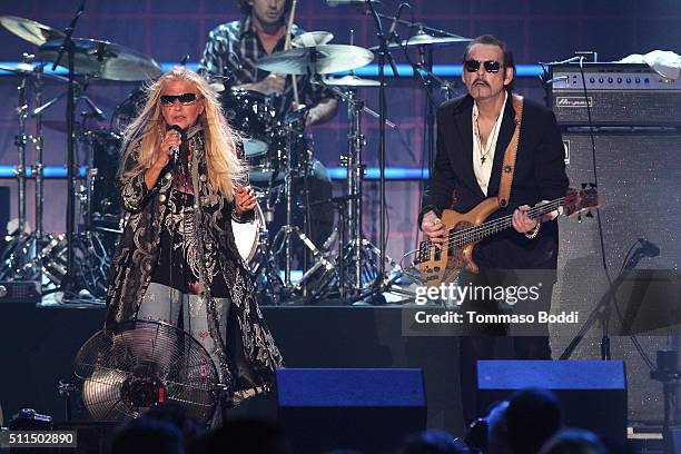 Recording artist Dale Bozzio and Prescott Niles of music group Missing Persons perform on stage during the iHeart80s Party 2016 at The Forum on...