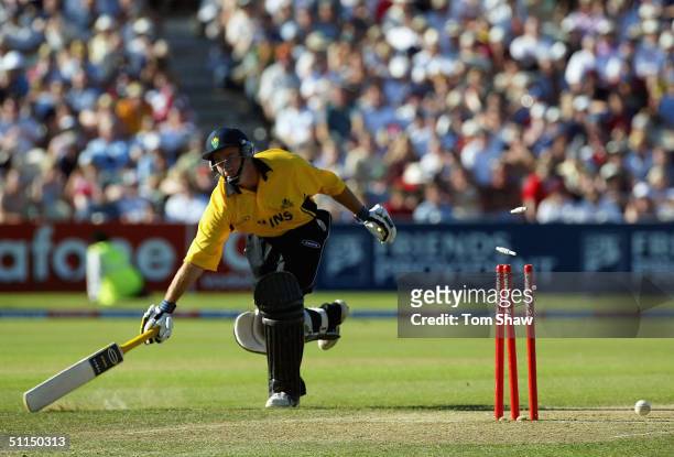 Aiden Dale of Glamorgan is run out during the Glamorgan v Leicestershire Twenty20 cup Semi-final match at Edgbaston Cricket Ground, on August 7, 2004...