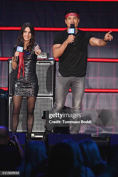 Personalities Martha Quinn and Mario Lopez speak onstage during the iHeart80s Party 2016 at The Forum on February 20, 2016 in Inglewood, California.